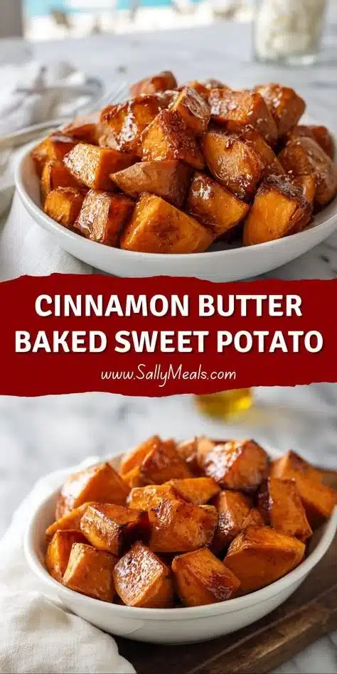 Cinnamon butter baked sweet potatoes served in a dish