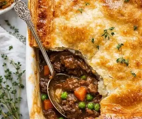 Classic Beef Pot Pie with flaky crust and hearty filling of beef and vegetables