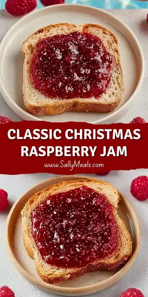 Classic Christmas raspberry jam in a jar with fresh raspberries beside it.