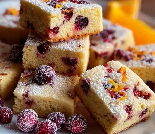 Delicious cranberry orange shortbread cookies on a wooden table.