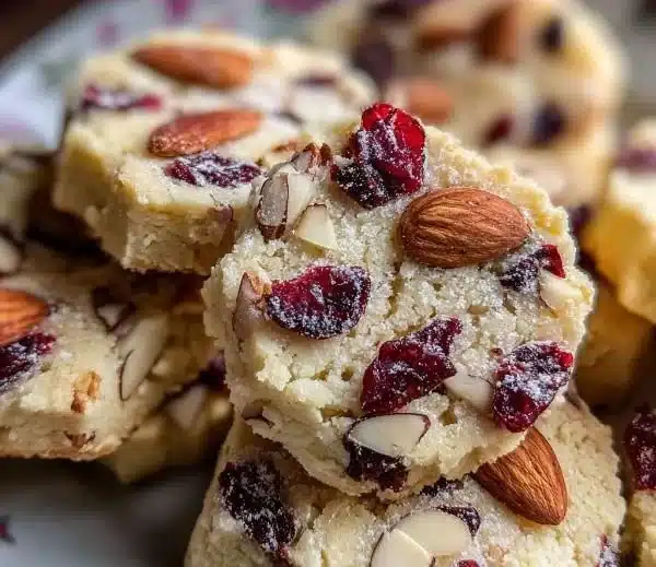 Cranberry almond shortbread cookies on a wooden table