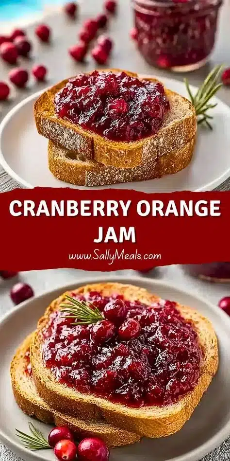Jar of vibrant Cranberry Orange Jam with oranges and cranberries in the background