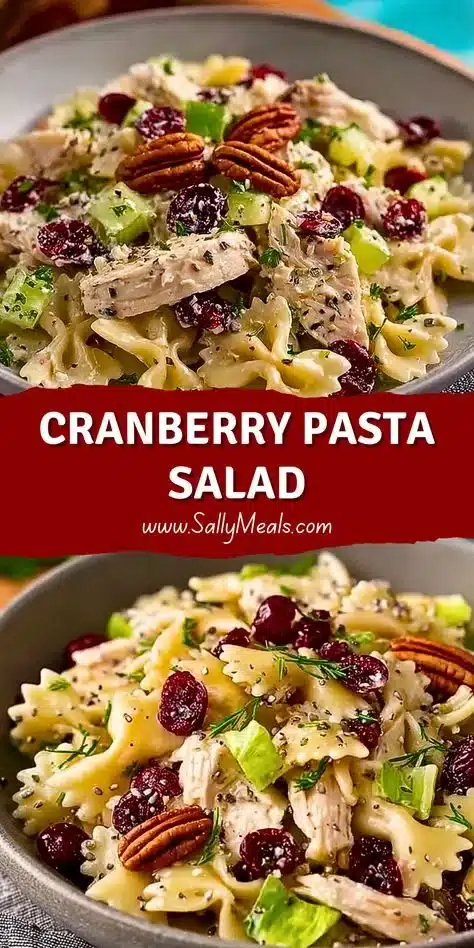 A colorful bowl of Cranberry Pasta Salad with cranberries, pasta, and fresh ingredients.
