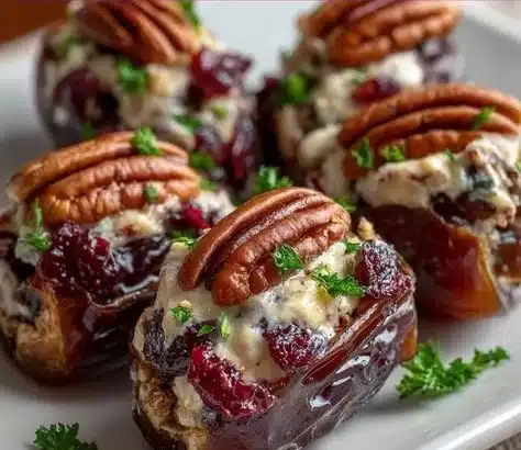 Cranberry pecan cream cheese stuffed dates on a platter