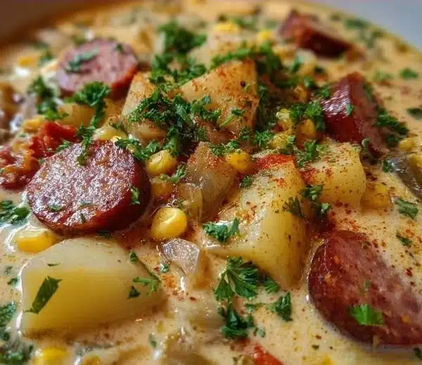 Bowl of creamy Potato and Sausage Chowder garnished with herbs