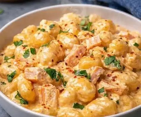 Creamy smoked salmon gnocchi served with fresh herbs and a rich sauce