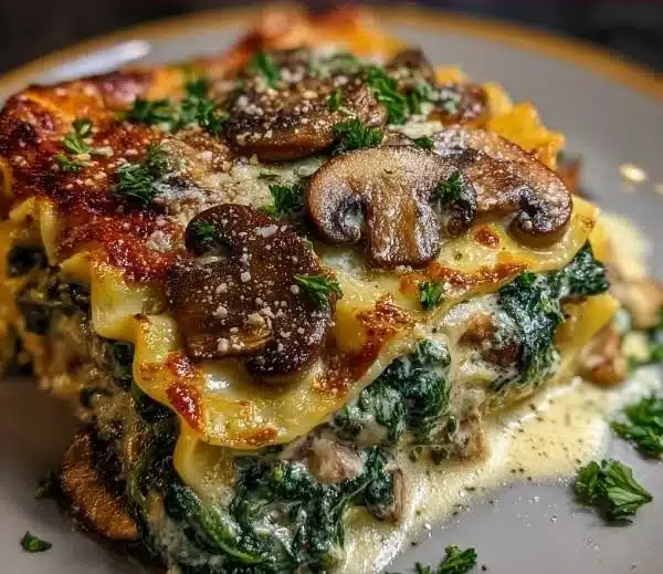 Delicious creamy spinach mushroom lasagna served on a plate with herbs
