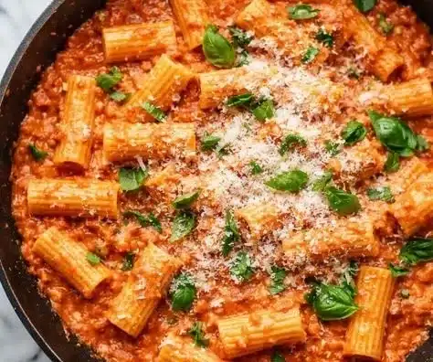 Delicious creamy tomato ricotta pasta served in a bowl with fresh basil