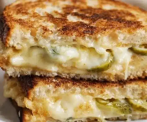Crispy dill pickle grilled cheese sandwich served with a dipping sauce