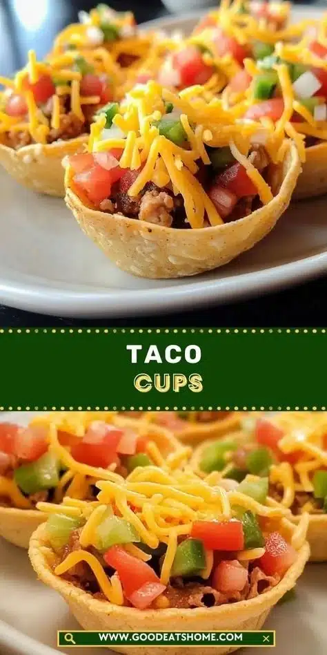 Delicious crispy taco cups filled with seasoned beef, cheese, and fresh toppings.