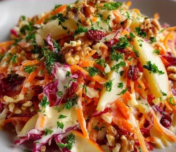 Crunchy apple carrot salad with creamy citrus dressing on a plate