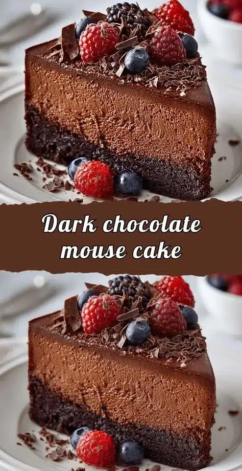 Decadent Dark Chocolate Mousse Cake topped with chocolate shavings and garnished.