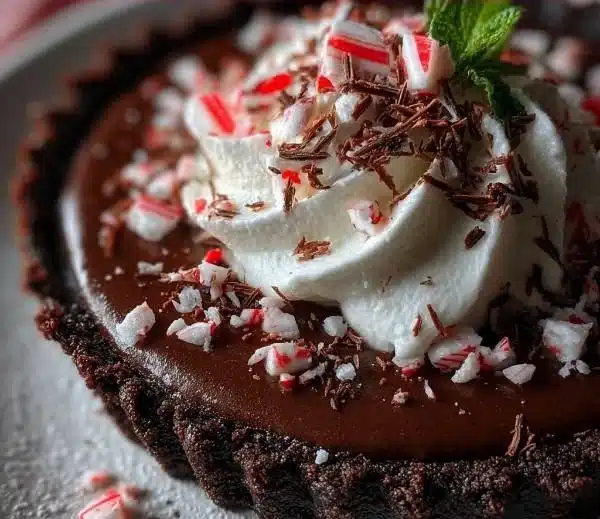 Dark Chocolate Peppermint Mousse Tart with a creamy layer and mint garnish
