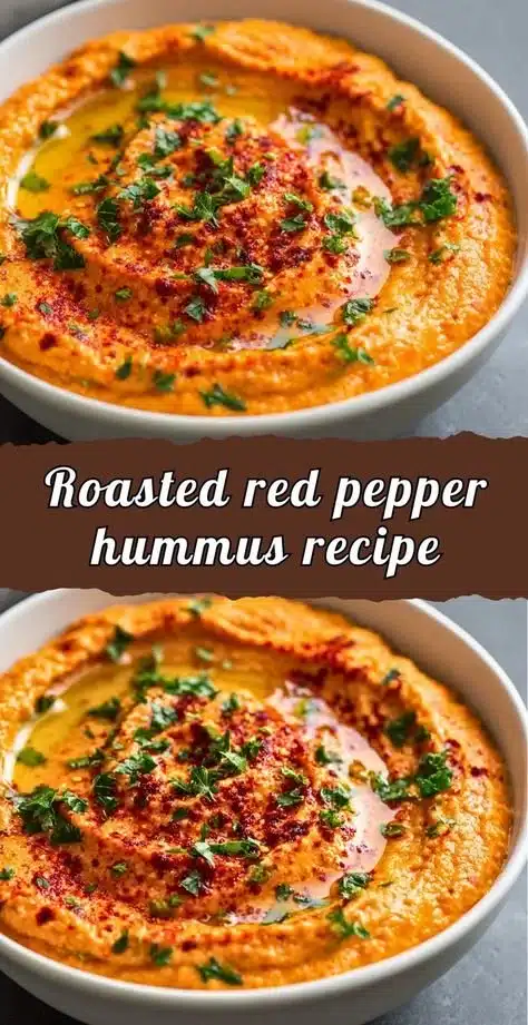 Bowl of easy roasted red pepper hummus garnished with parsley and served with pita bread