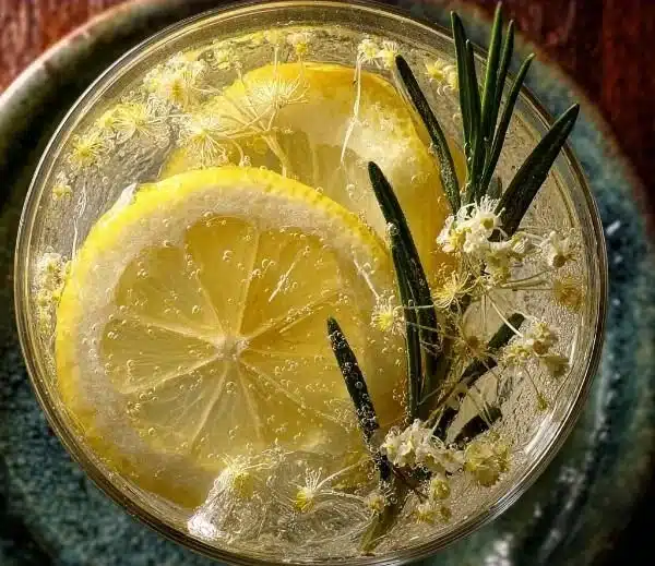 Chilled Elderflower Winter Gin cocktail garnished with herbs and citrus
