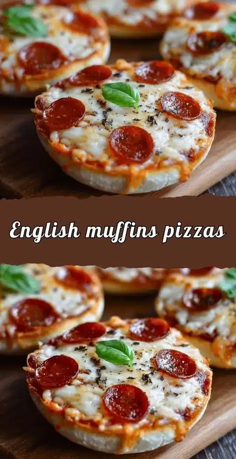 Homemade English Muffin Pizza topped with cheese and pepperoni on a wooden board