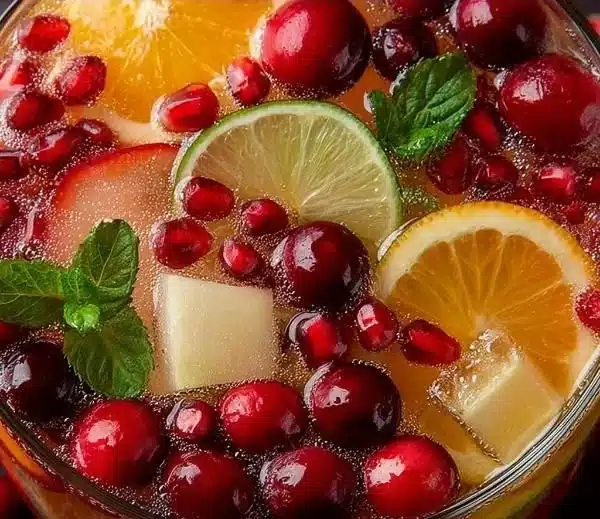 Festive White Christmas Sangria in a glass with fruit garnishes