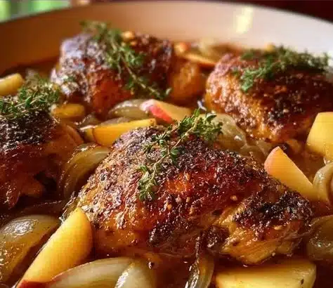 Plate of French Apple Cider Chicken garnished with herbs