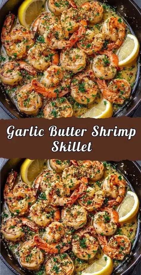 Delicious garlic butter shrimp in a skillet, garnished with fresh herbs.