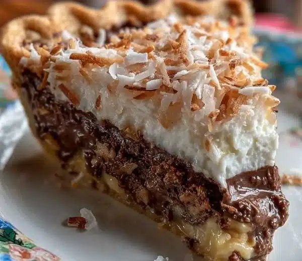 German Chocolate Pie 2 Delicious slice of German Chocolate Pie topped with coconut and pecans.