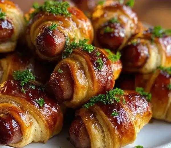 Glazed pigs in a blanket appetizer served on a platter