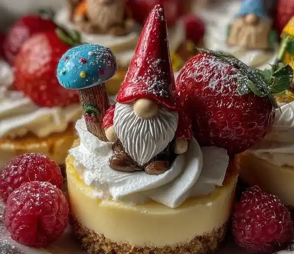 Gnome Mini Cheesecakes decorated with whimsical gnome toppers
