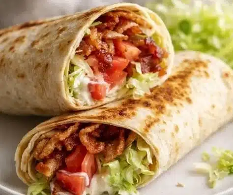 Gourmet BLT wraps with secret sauce displayed on a rustic wooden table