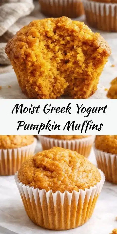 Freshly baked Greek Yogurt Pumpkin Muffins on a rustic wooden table