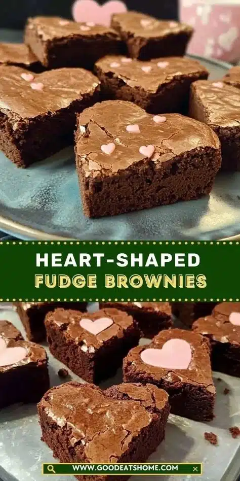 Delicious heart-shaped fudge brownies topped with chocolate drizzle