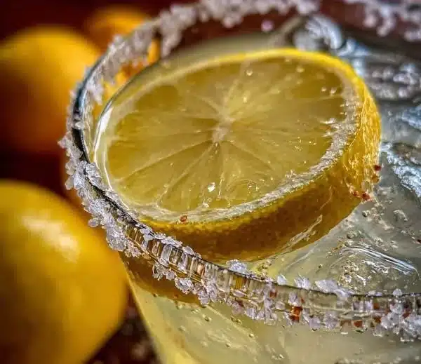 Festive Holiday Lemon Drop cocktail with a lemon slice garnish