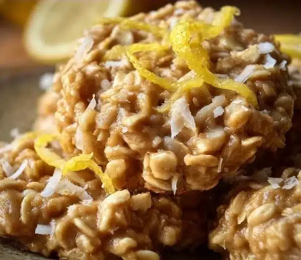 Lemon Oatmeal No-Bake Cookies on a plate decorated with fresh lemon slices.