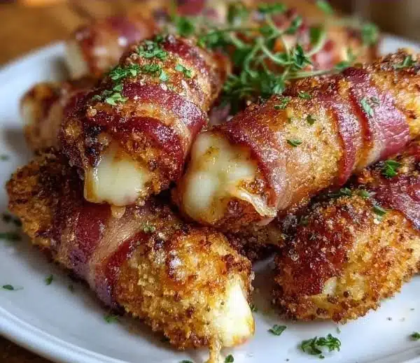 Low Carb Nashville Hot Bacon Wrapped Mozzarella Sticks on a plate