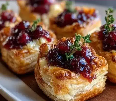 Mini cranberry brie bites appetizer on a platter