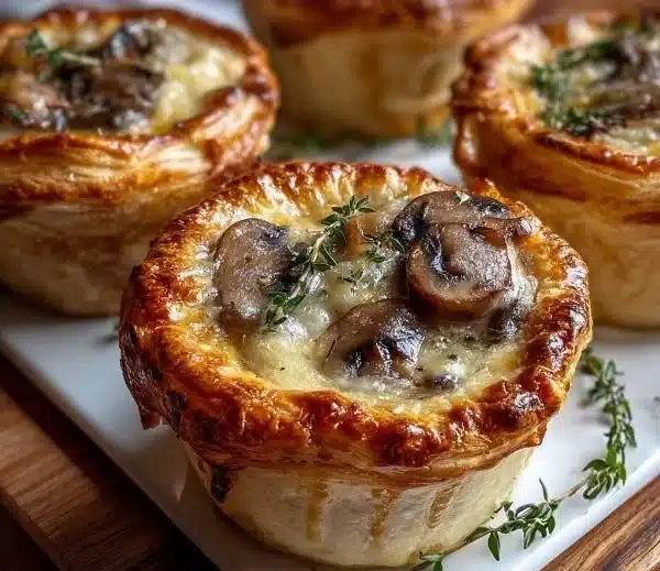 Mini mushroom and Gruyère pot pies freshly baked and served