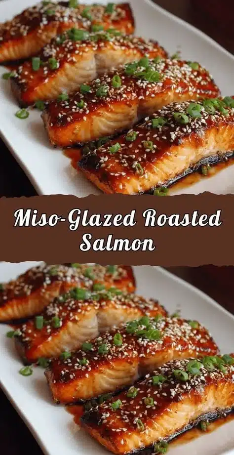 Miso glazed roasted salmon garnished with green onions and served on a plate