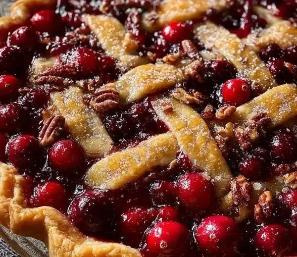 Nantucket Holiday Cranberry Pie topped with fresh cranberries and flaky crust