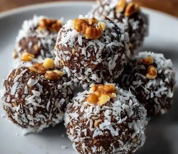 Platter of no-bake Dubai chocolate balls garnished with cocoa powder