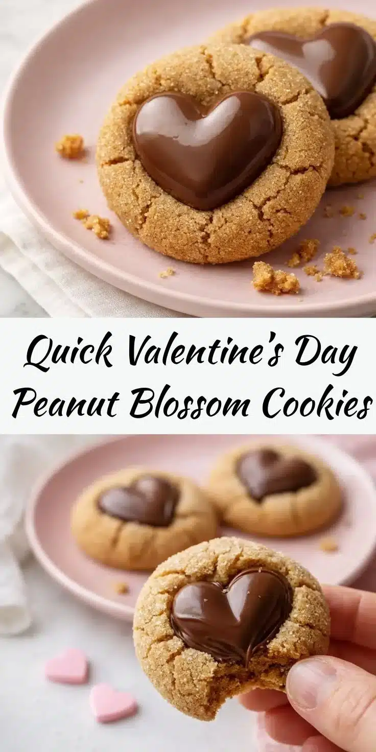 Quick Valentine’s Day Peanut Blossom Cookies with chocolate kisses on top