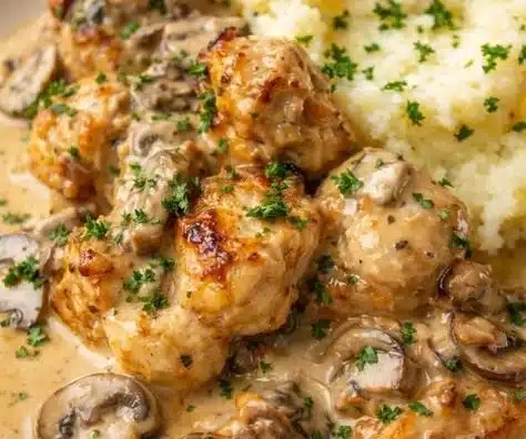 Delicious bowl of rich Chicken Stroganoff with noodles and garnished herbs