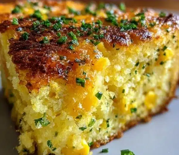 Savory baked corn pudding with cheddar and herbs in a dish