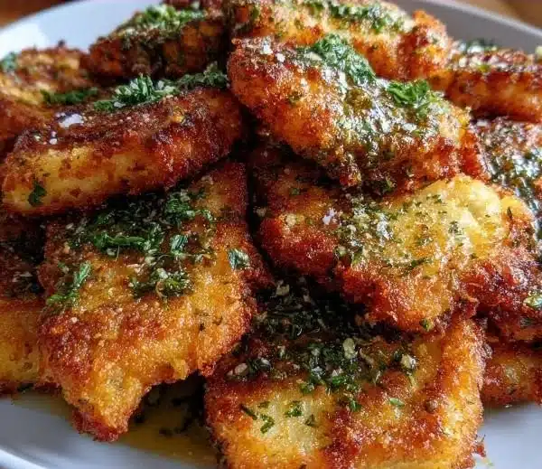 Savory crispy fried false garnished with zesty herbs, perfect for a flavorful dish.