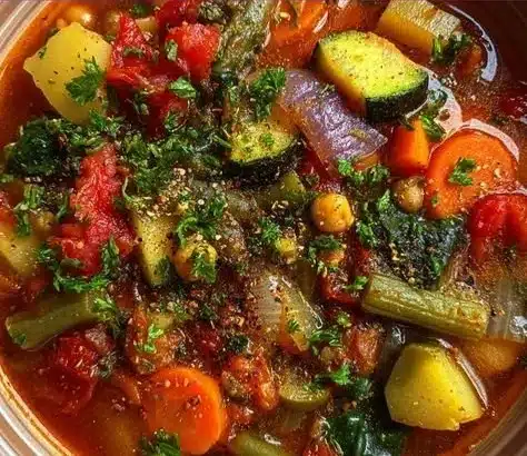 Bowl of savory Mediterranean Vegetable Soup with colorful vegetables