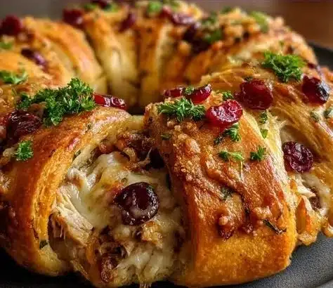 Savory Turkey and Cranberry Crescent Ring recipe displayed on a serving platter.