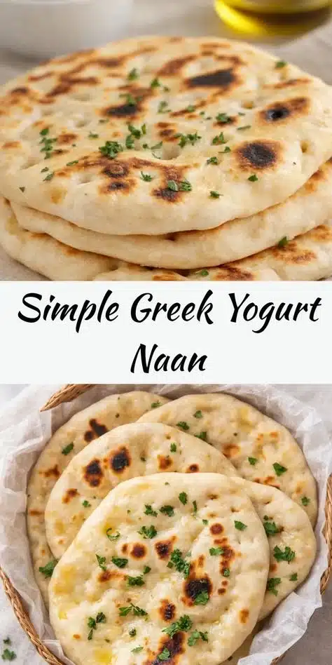 Freshly baked simple Greek yogurt naan on a wooden board