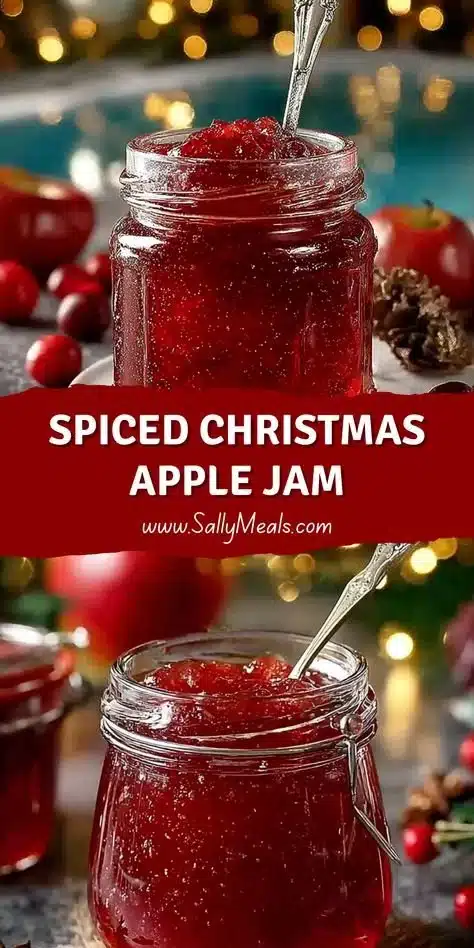 Jar of spiced Christmas apple jam decorated for the holiday season
