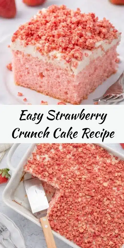 Strawberry Crunch Cake with layers of strawberries and crunchy topping