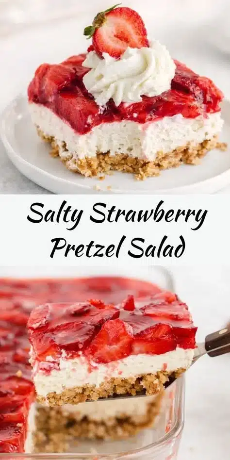 Strawberry Pretzel Salad with whipped cream and strawberry topping on a plate