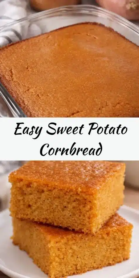 Delicious slice of sweet potato cornbread served on a rustic wooden table