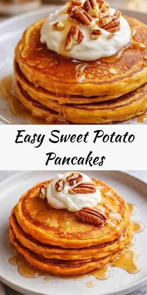 Fluffy sweet potato pancakes stacked on a plate with maple syrup