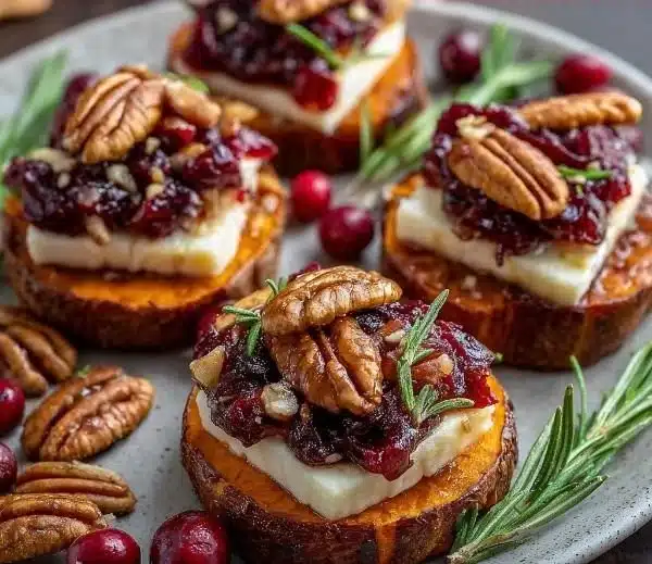 Sweet potato rounds topped with brie cheese, cranberry sauce, and pecans.